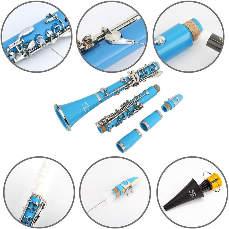 Glory GLY-CLALB Professional Ebonite Bb Clarinet with 10 Reeds, Stand, Hard Case, Cleaning Cloth, Mouthpiece Brush and Pad Brush,Light Blue/Silver - Image 3